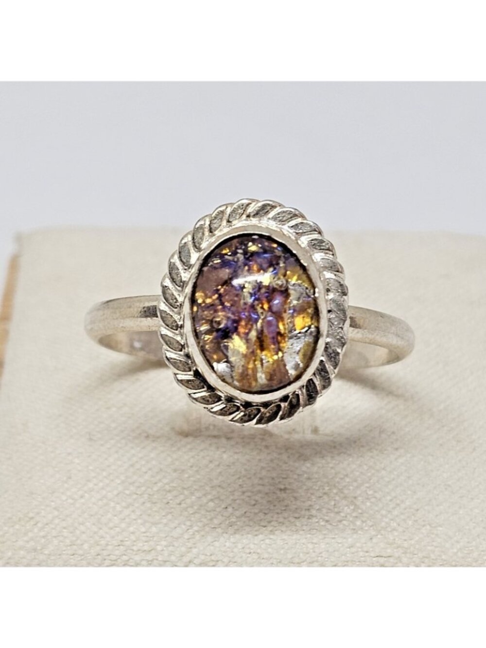 Mexico Dichroic Fused Glass Ring Purple Yellow Size 8 Silver Plated